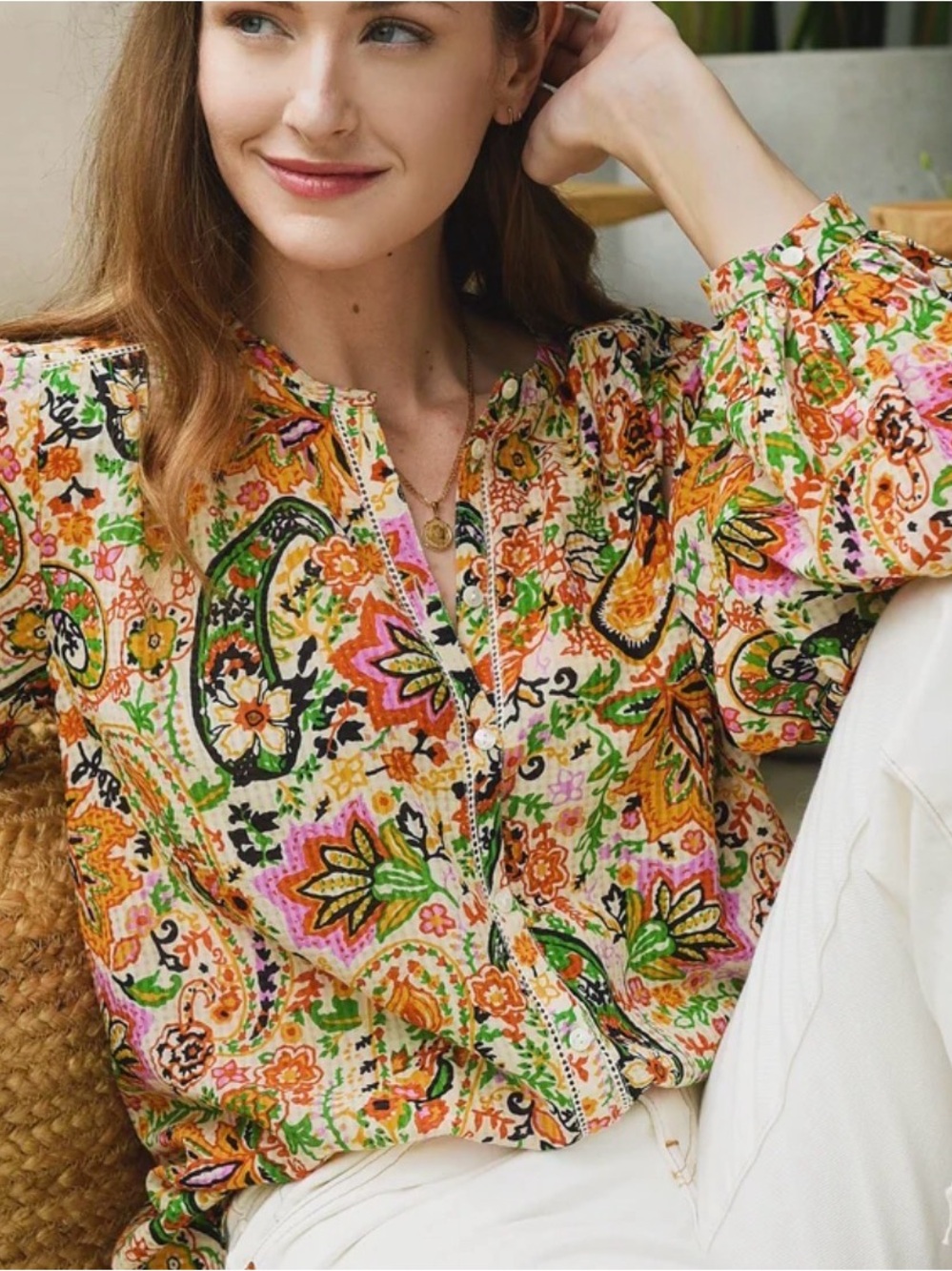 ba&sh Lady Top Paisley Floral Blouse XS Boho Button Front Puff Sleeve